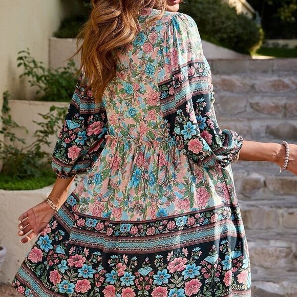 Ditsy Boho Floral Print Lantern Sleeve Dress Easter Bohemian - Picture 5 of 5